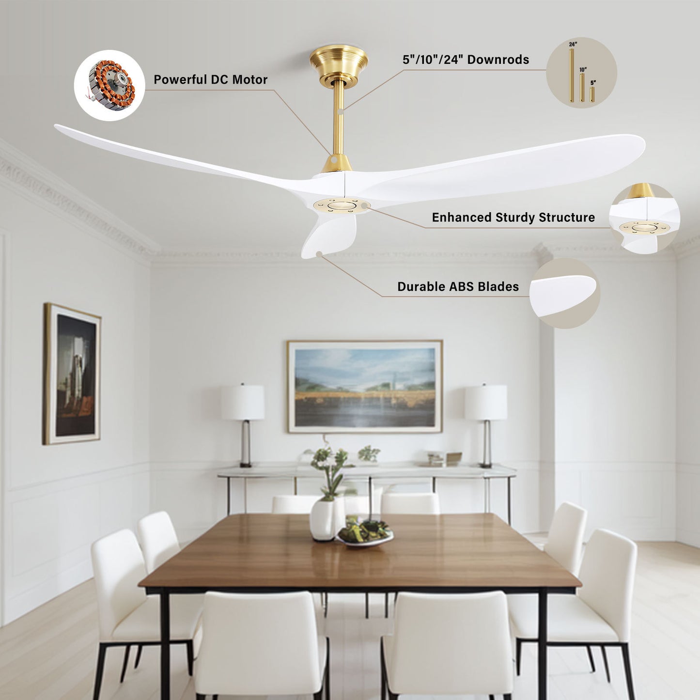 60 Inch Indoor Modern ABS Smart Ceiling Fan With 6 Speed Remote Control Reversible DC Motor For Bedroom