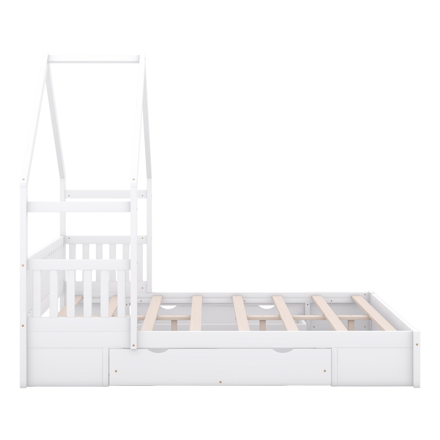 Wood Queen Size House Platform Bed with Guardrail and 2 Drawers, White