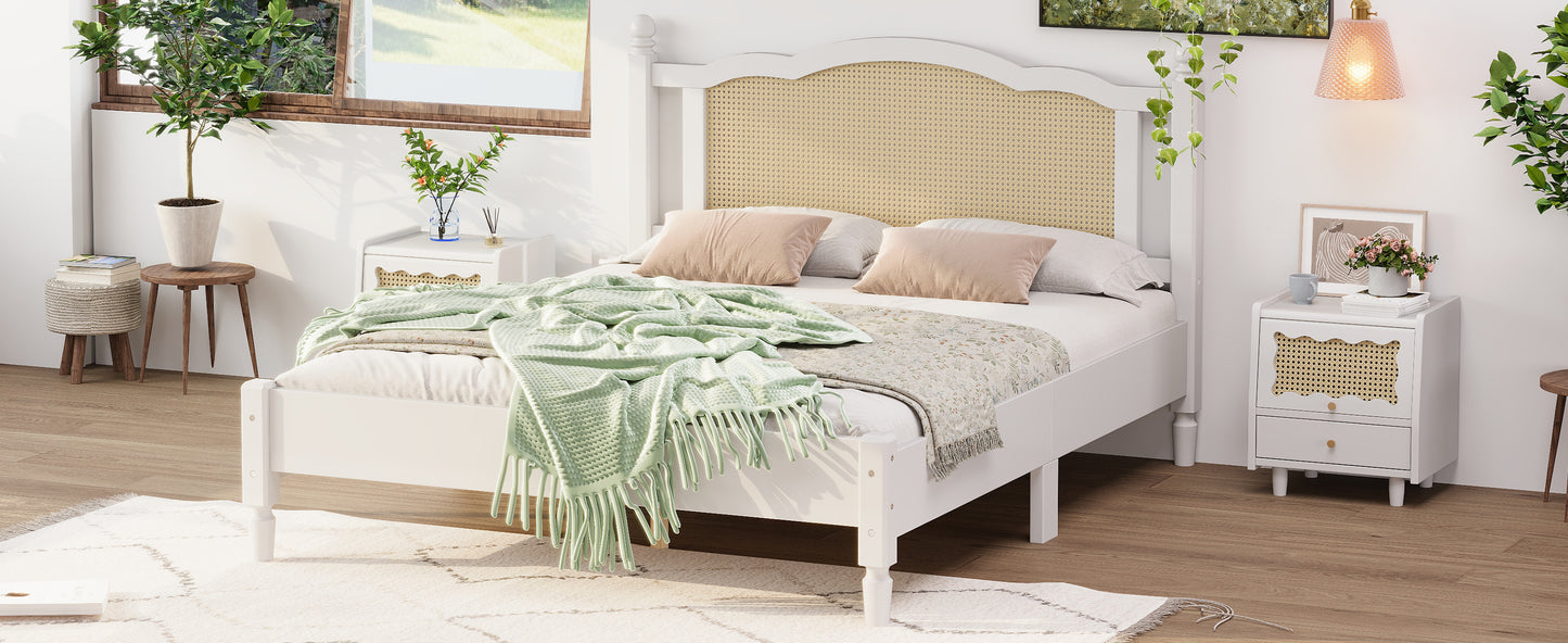 Queen Size Wooden Platform Bed with Natural Rattan Headboard, Vintage Bed Frame with Wooden Slat Support, White