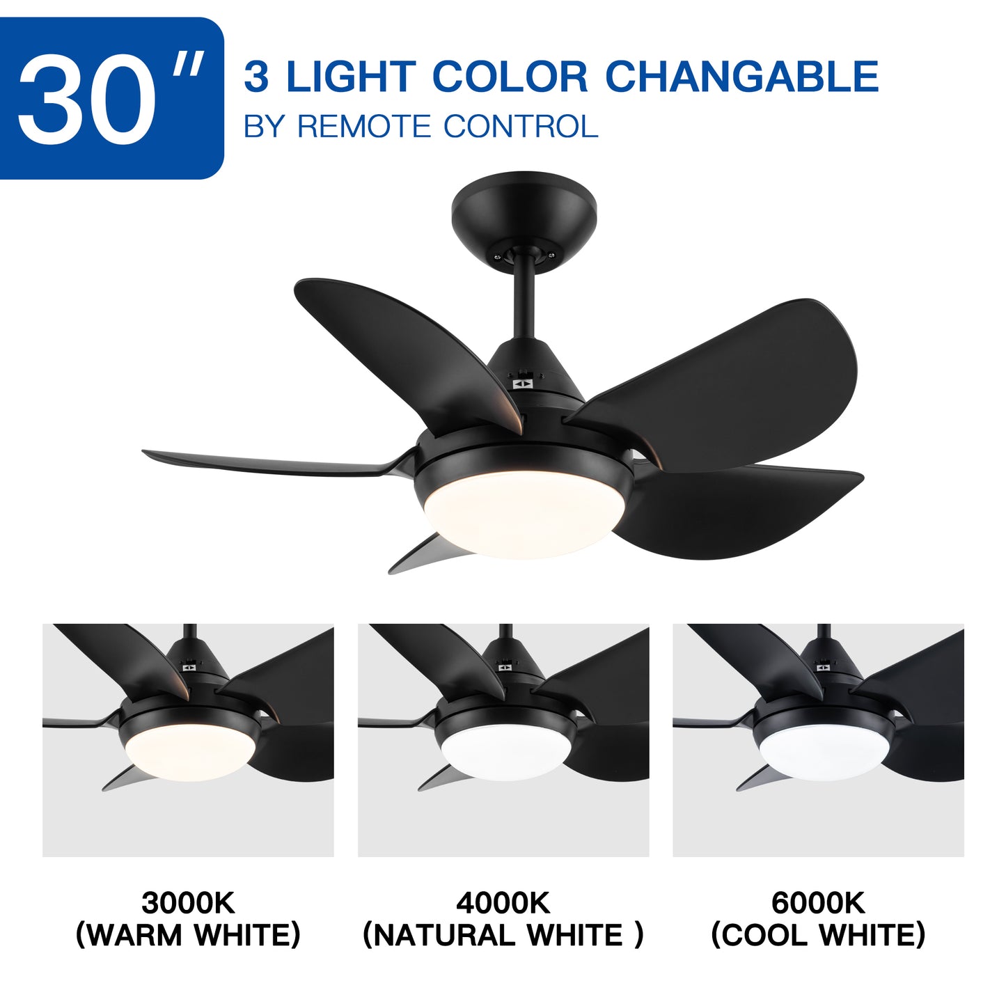 30 In Intergrated LED Ceiling Fan Lighting with Matte Black ABS Blade