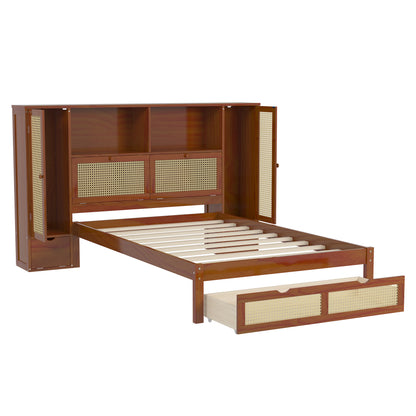 Twin Size Wooden Bed with Two Storage Lockers, Drawer, and Storage Shelf on Headboard, Multifunctional Platform Bed with Natural Rattan, Walnut