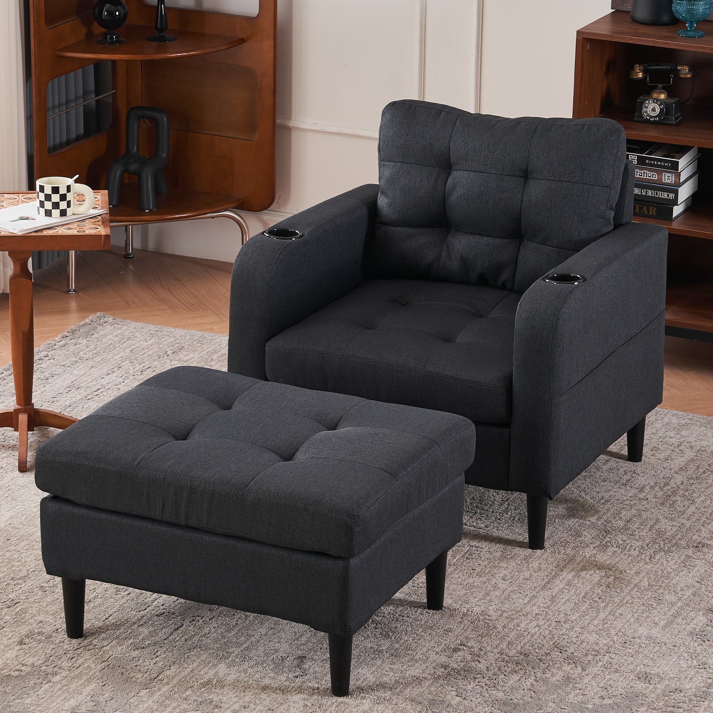 Dark Gray Upholstered Armchair and Storage Ottoman Set - Comfortable Single Sofa with Cup Holders and Tufted Detailing, Ideal for Living Room or Bedroom