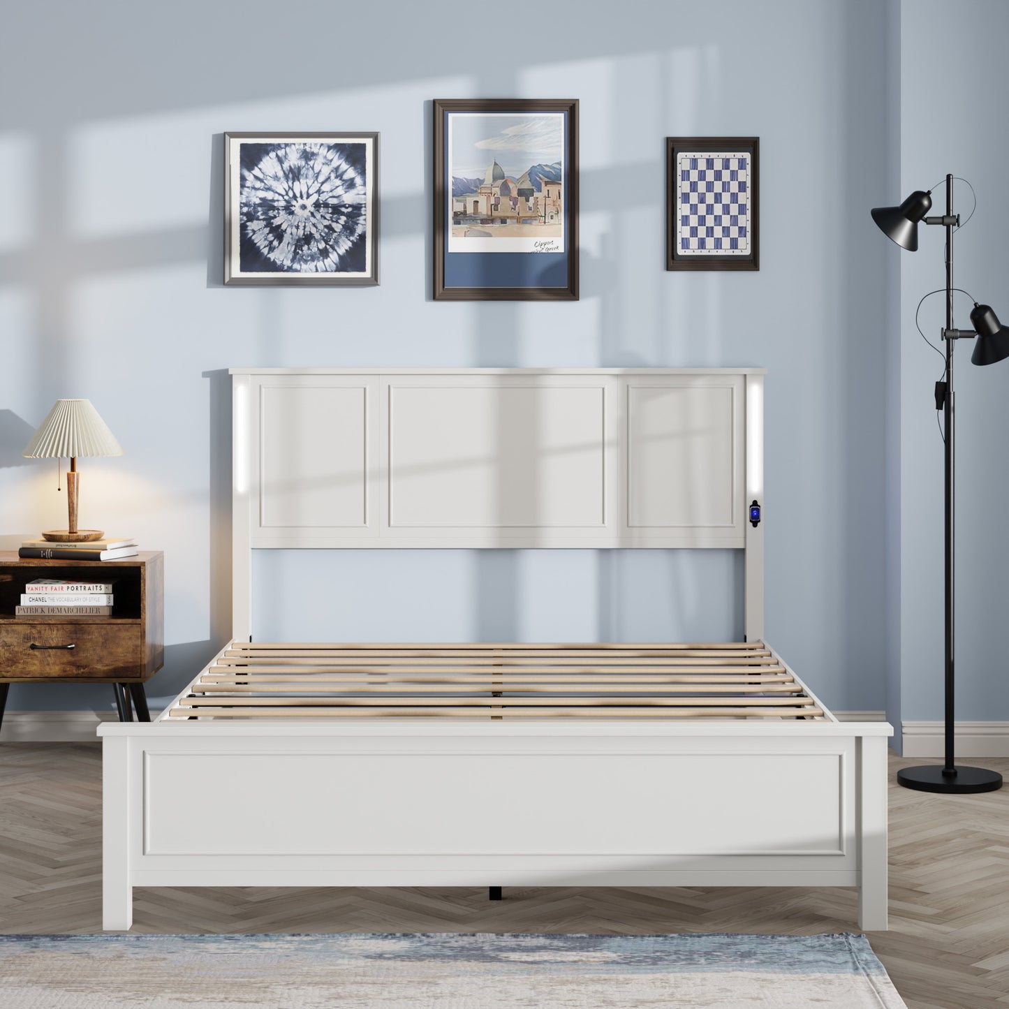 Queen Size Bed Frame,  Platform Bed Frame with Wood Headboard and Footboard,Charging Station and LED Lights, 12 Wood Slats Support, No Box Spring Needed , Antique White