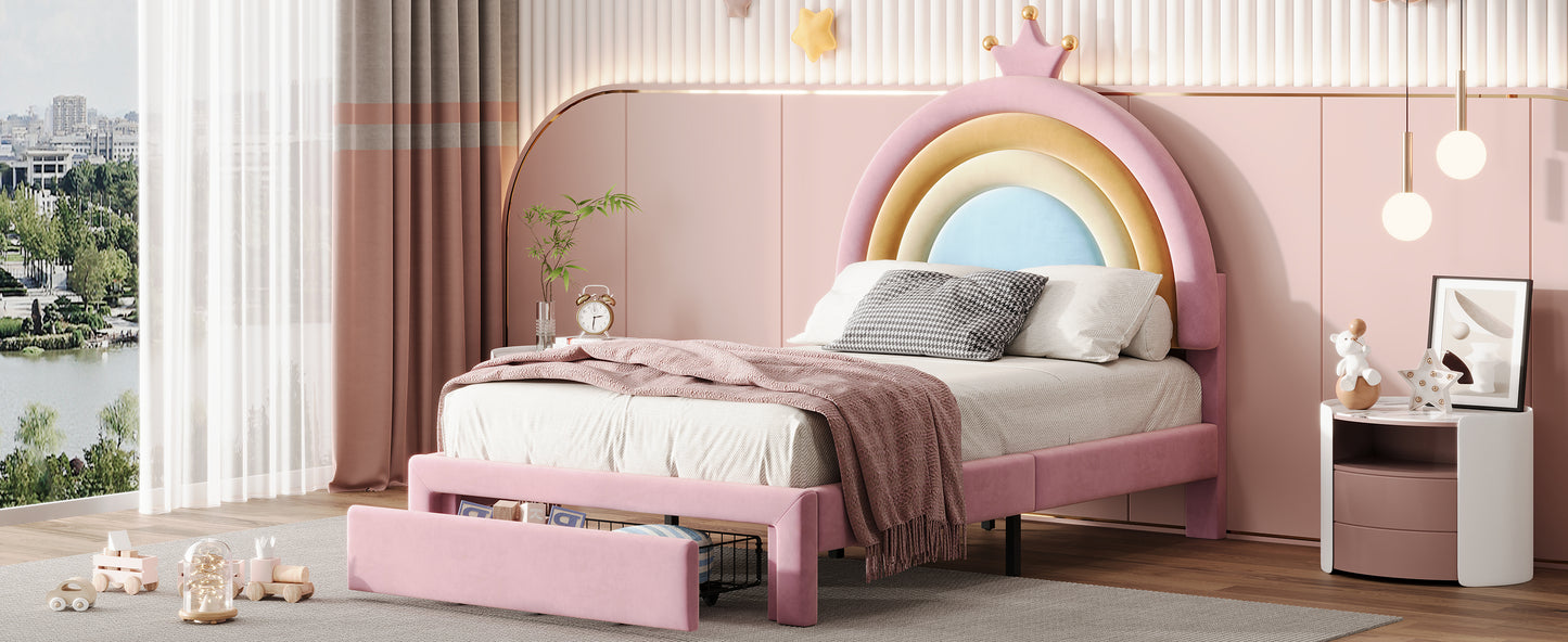 Twin Size Upholstered Rainbow Design Bed, Velvet Princess Platform Bed with Storage Drawer, No Box-spring Needed,Colorful&Pink