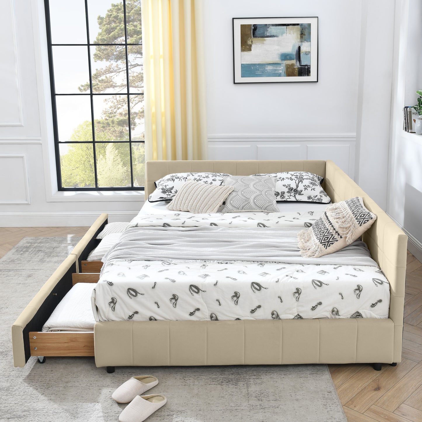 Queen Size Storage Upholstered Tufted Bed Frame, Sofa Bed Frame with Comfortable Backrest and Armrests, Queen Size Bed for Bedroom, Living Room,Velvet, BEIGE(85.5''*64.5''*29.5'')