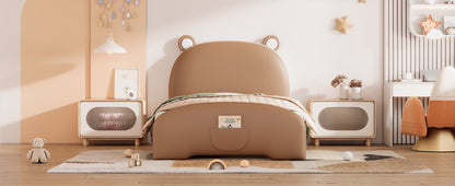 Twin Size Upholstered Platform Bed with Bear-shaped Headboard and Footboard,Brown+White