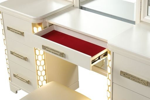 King 4 Pc Unique LED Vanity Bedroom Set made with Wood in Beige