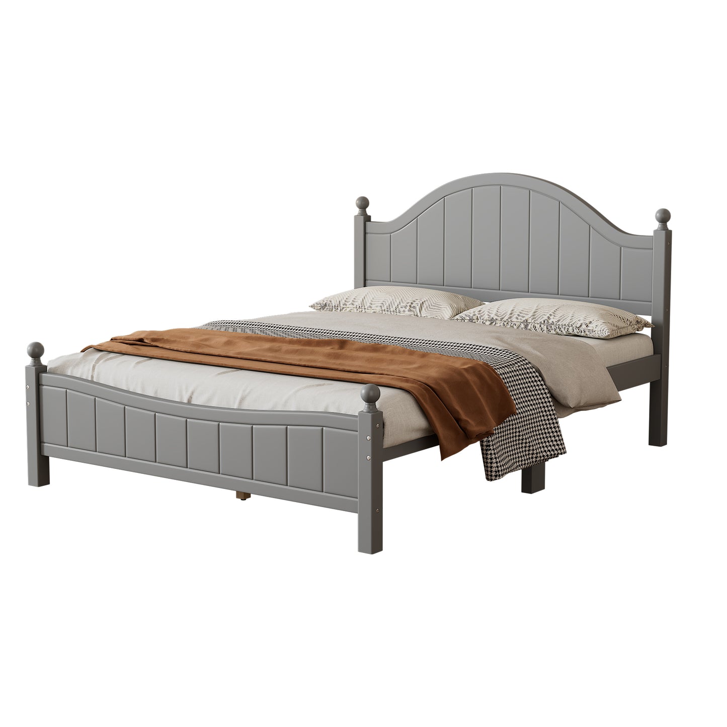 Traditional Concise Style Gray Solid Wood Platform Bed, No Need Box Spring, Queen