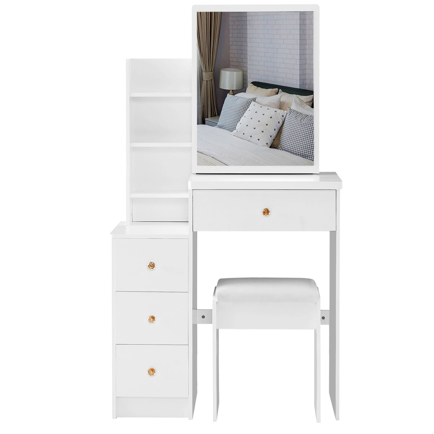 Small Size Left Bedside Cabinet Vanity Table + Cushioned Stool, Extra Large Sliding Mirror, Multi Layer, High Capacity Storage Fashionable Dresser, Suitable for Small Space, EPA,GCC,UL Certificate