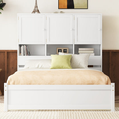 Queen Size Platform Bed with Storage Headboard and 4 Drawers, White