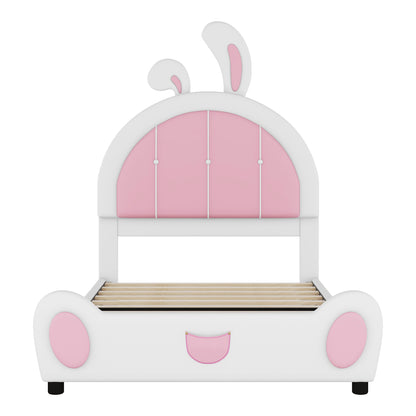 Twin Size Upholstered Platform Bed with Rabbit Shaped Headboard, White