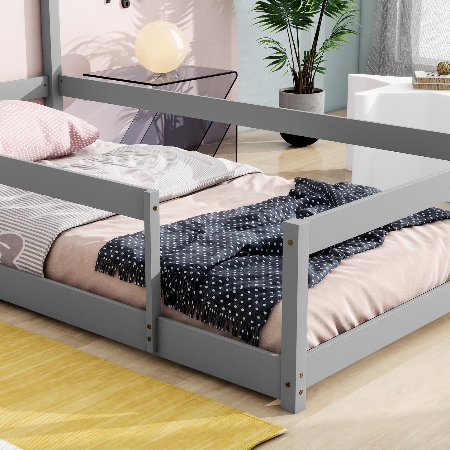 Twin Size Wood bed with House-shaped Headboard Floor bed with Fences,Grey