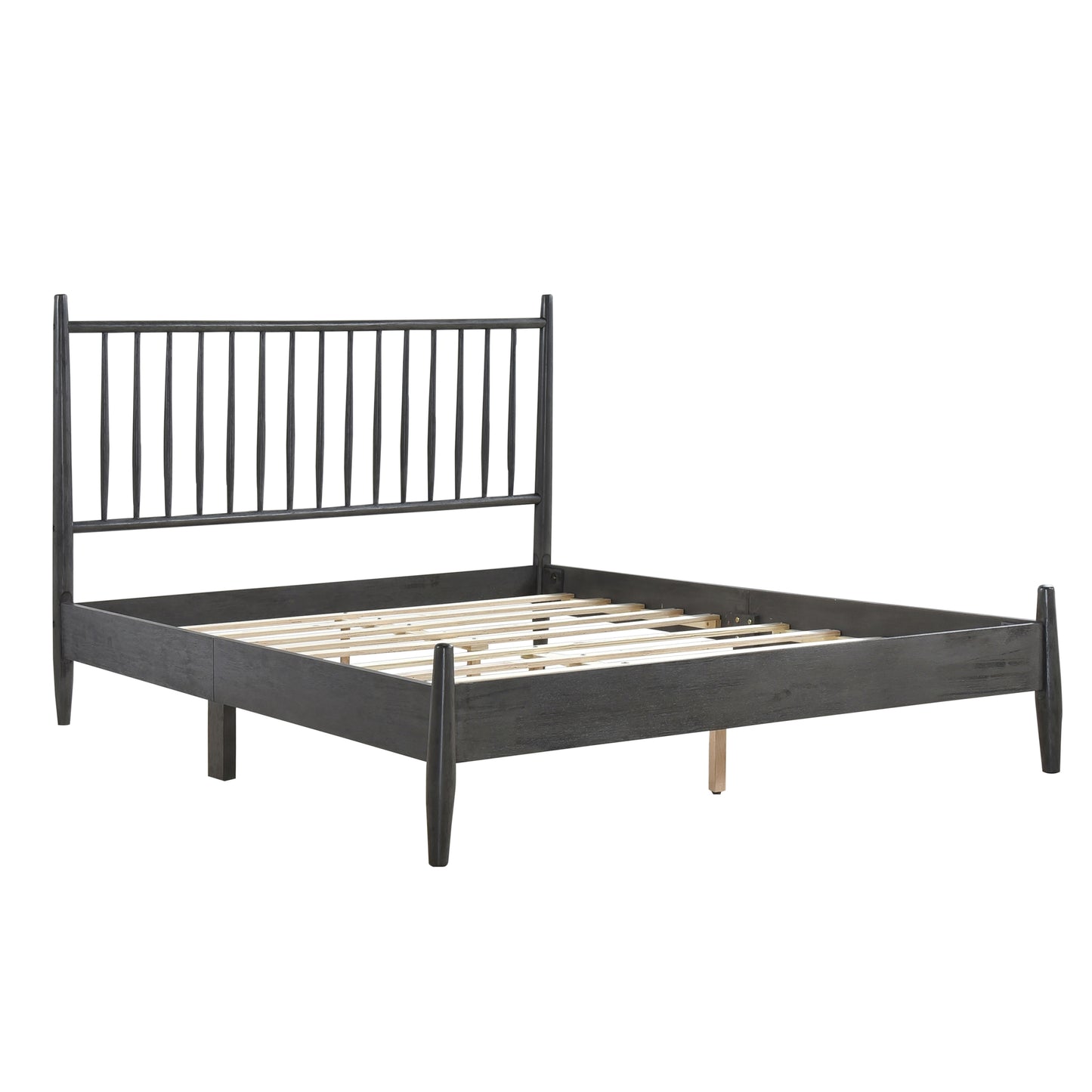 Mid-Century Modern Design Queen Platform Bed 1pc Gray Finish Wooden Bedroom Furniture Vertical Slats Headboard, Bed in a Box