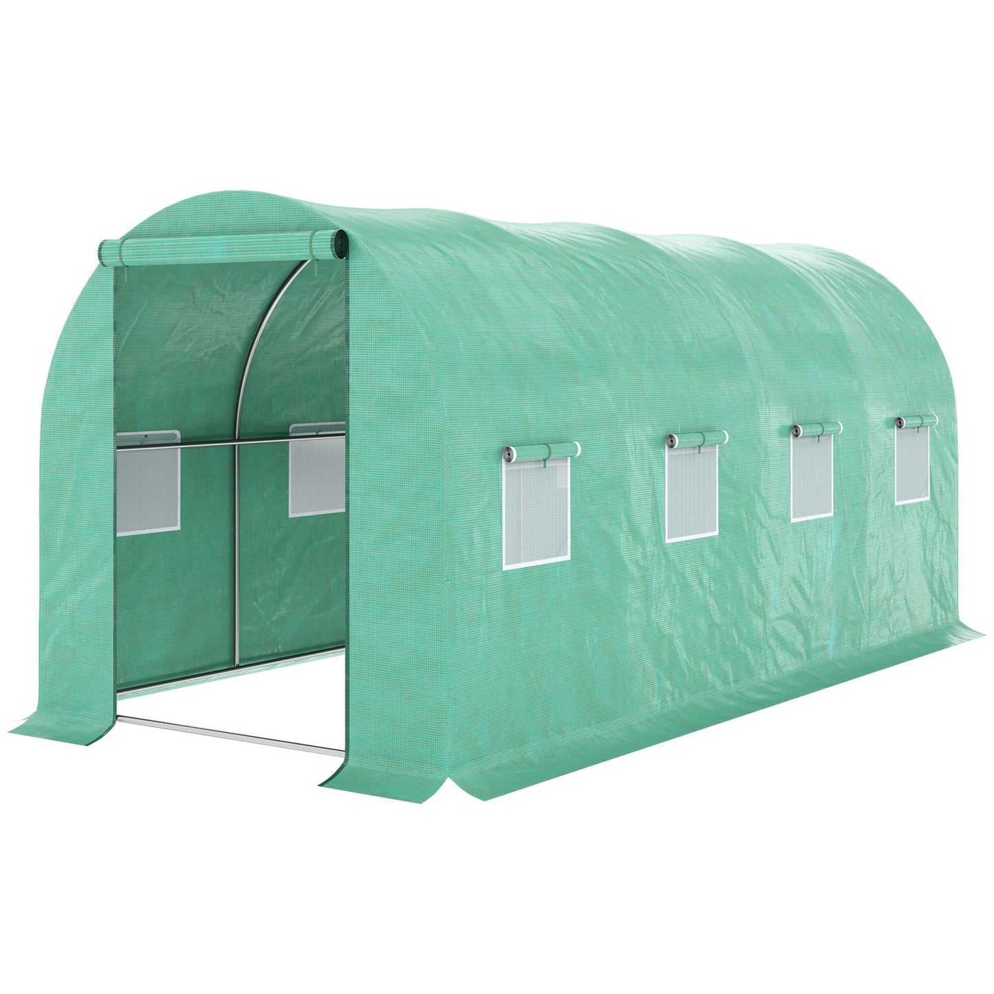 Outsunny 15' x 7' x 6.5' Walk-in Tunnel Hoop Greenhouse, Green House with Polyethylene PE Cover, Steel Frame, Roll-Up Zipper Door & Windows for Flowers, Vegetables, Tropical Plants, Green