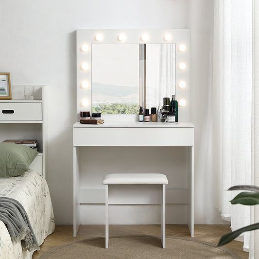 Vanity table with large lighted mirror, makeup vanity dressing table with drawer, 1pc upholstered stool ,12 light bulbs and adjustable brightness, white color