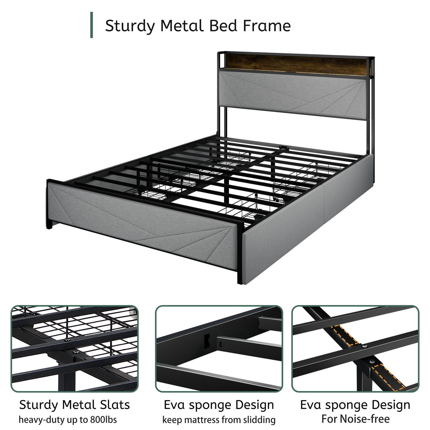 Queen Size Bed Frame with 4 Storage Drawers and 2 USB Ports, Upholstered Platform Bed Frame with Storage Headboard Charging Station and metal Slat Support, No Box Spring Needed, Dark Grey.