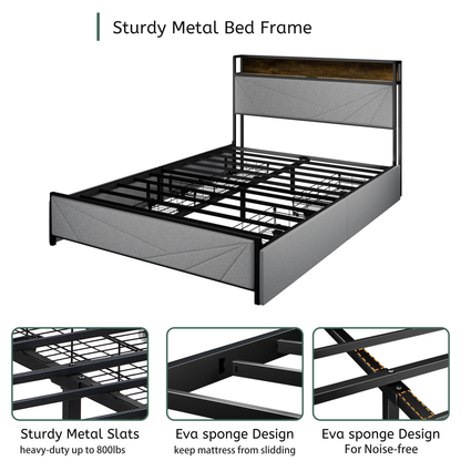 Queen Size Bed Frame with 4 Storage Drawers and 2 USB Ports, Upholstered Platform Bed Frame with Storage Headboard Charging Station and metal Slat Support, No Box Spring Needed, Dark Grey.