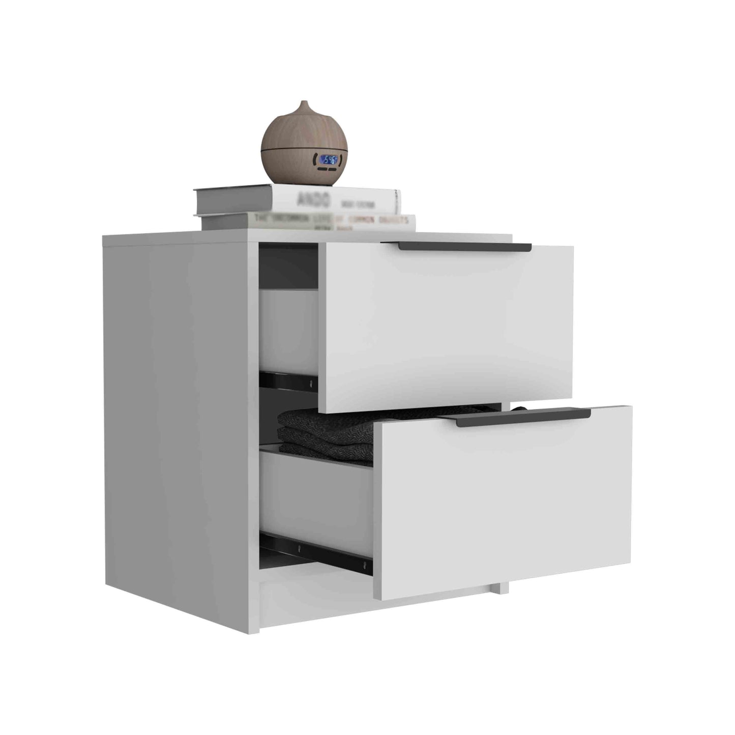 Kaia Nightstand , End Table, Side Table Two Drawers, Metal Handle -White