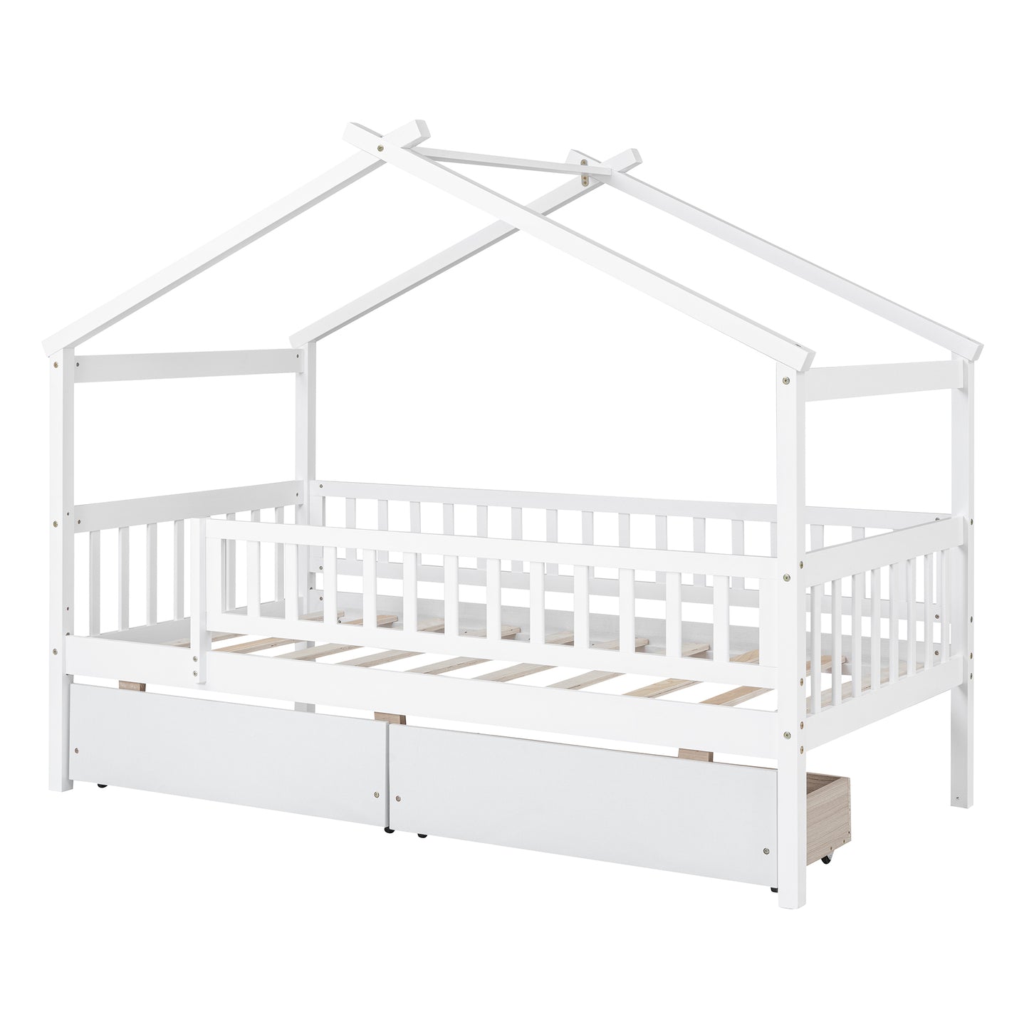 Twin Size Wooden House Bed with Two Drawers, White