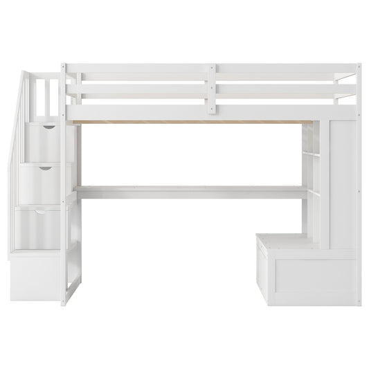 White Full Size Loft Bed with Built-in Desk, Shelves, Two Drawers, Storage Staircase, Solid Pine Wood and MDF