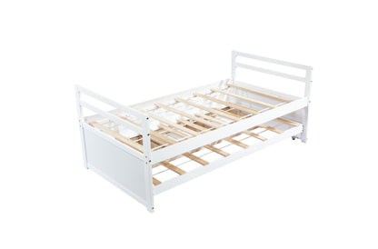 Twin Size Bed with Headboard, Footboard, Trundle and Three Storage Drawers, Twin Size Pine Wood Bed with Headboard, Footboard,White