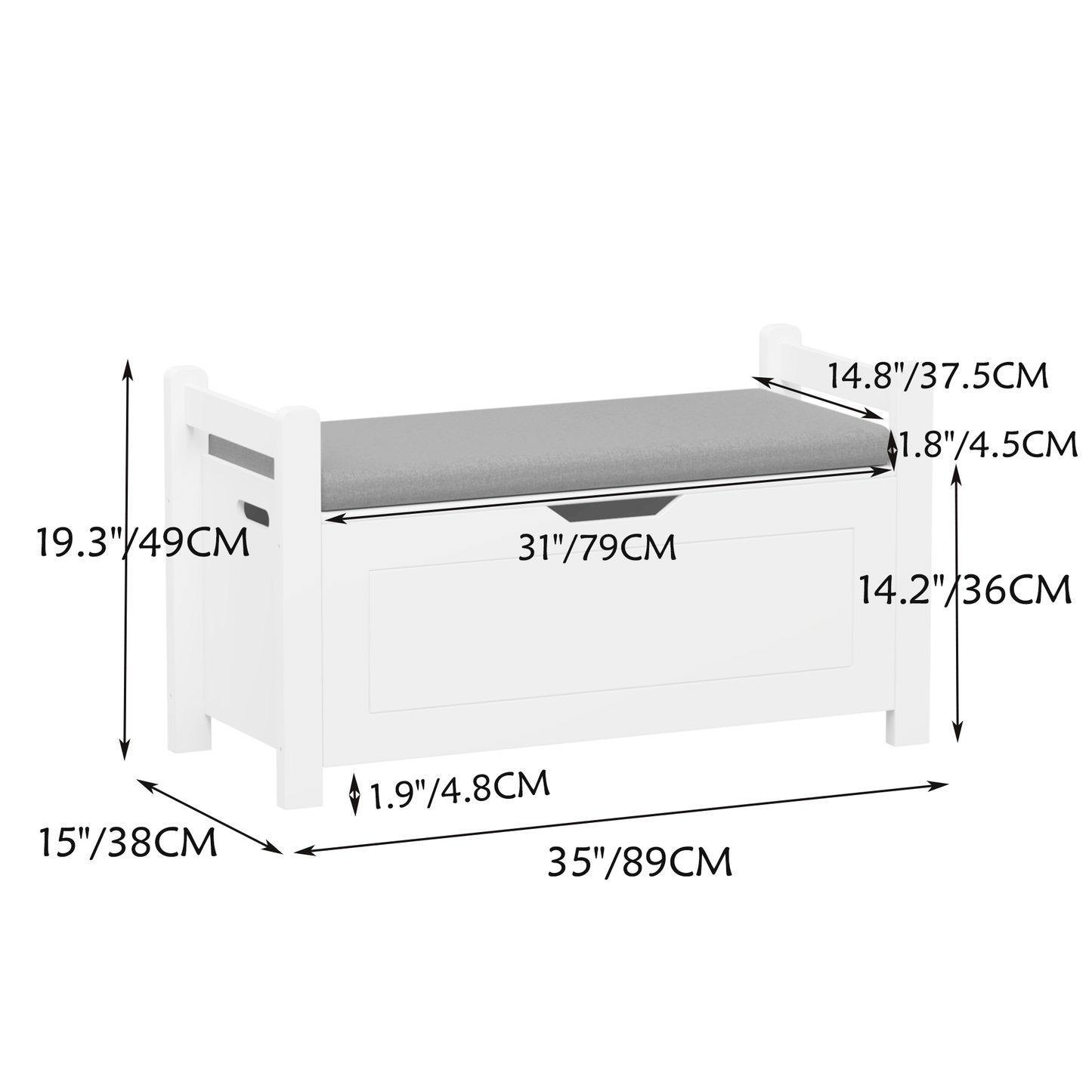 Kids Toy Box Chest, White Rubber Wood Toy Box for Boys Girls, Large Storage Cabinet with Cushion Seat Bench/Flip-Top Lid/Safety Hinge, Toy Storage Organizer Trunk for Nursery, Playroom