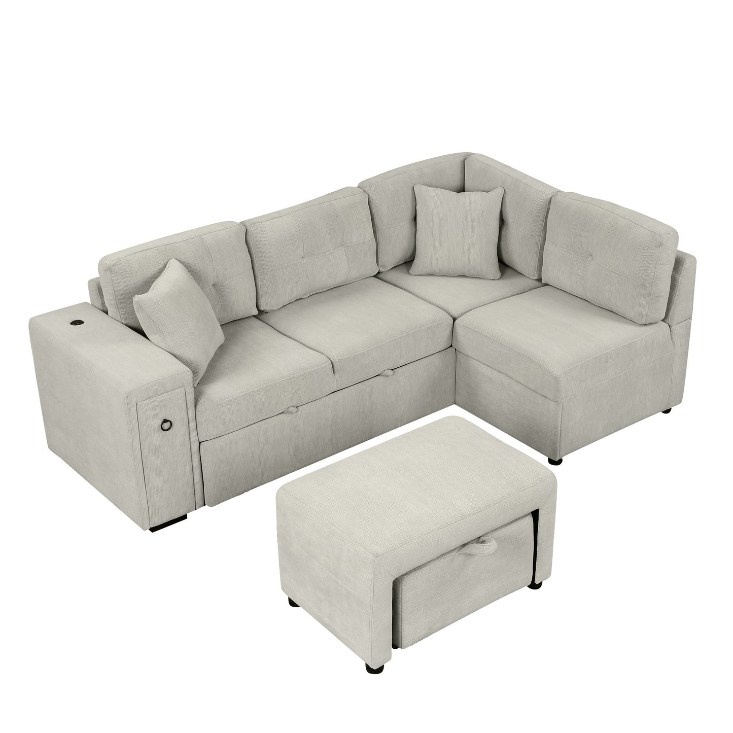 86.6" Sectional Sofa L-shaped Sofa Couch Pull-out Sofa Bed with a Movable Ottoman, Two USB Ports and Two Cup Holders for Living Room, Gray