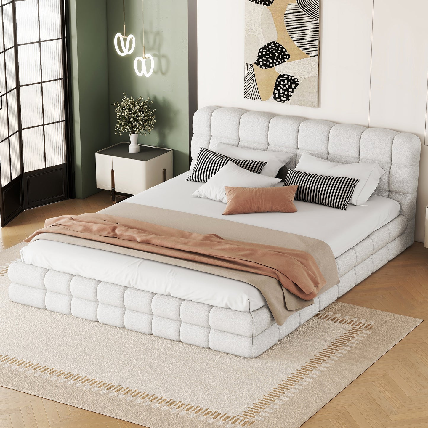 Queen Size Upholstered Platform Bed, White