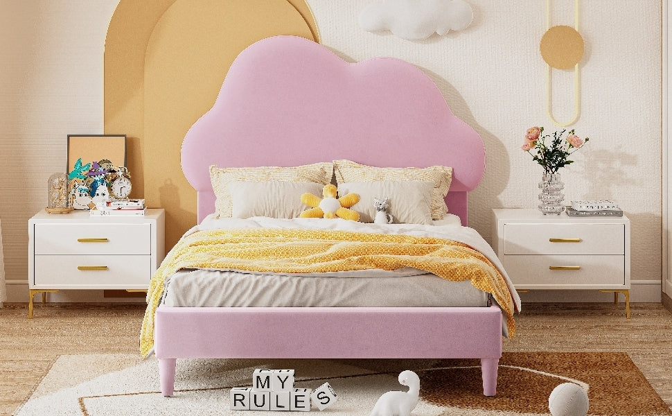 Twin Size Upholstered Cloud-Shape Bed ,Velvet Platform Bed with Headboard,No Box-spring Needed,Pink