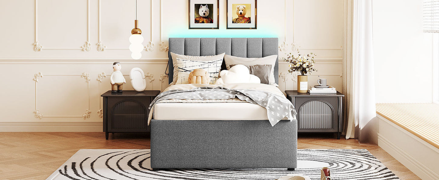 Teddy Fleece Twin Size Upholstered Platform Bed with Trundle, Gray