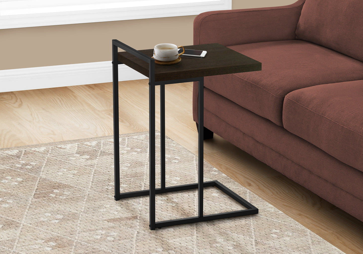 Accent Table, C-shaped, End, Side, Snack, Living Room, Bedroom, Brown Laminate, Black Metal, Contemporary, Modern