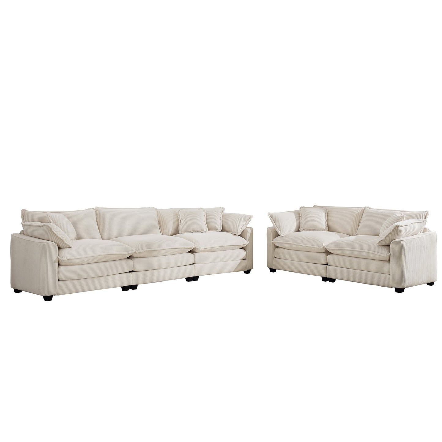 Modern Fabric Living Room Set - 2 Sofas, Light Beige Upholstery, Corduroy Fabric