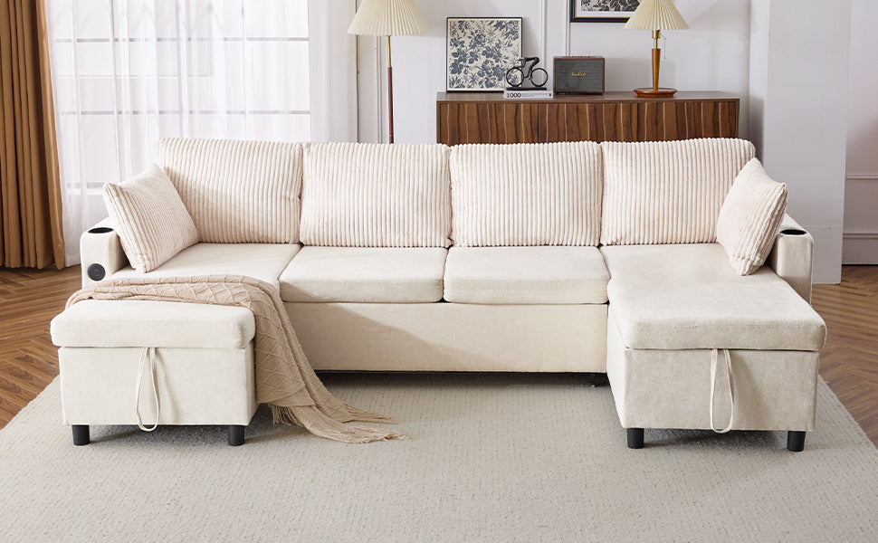 111.8" Sectional Sofa Pull-out Sofa Bed Versatile Sofa Sleeper with Large Storage Space, Two USB Ports and Two Cup Holders for Living Room, Beige