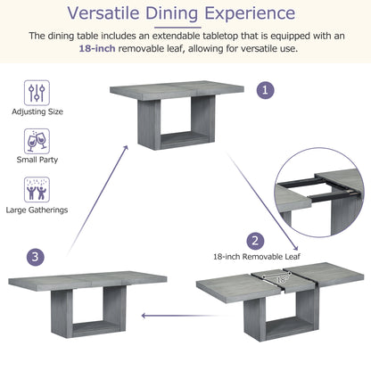 TOPMAX Contemporary 6-Piece 78inch Extendable Pedestal Dining Table Set with 18inch Removable Leaf and Dining Bench, 4 Upholstered Dining Chairs, Gray