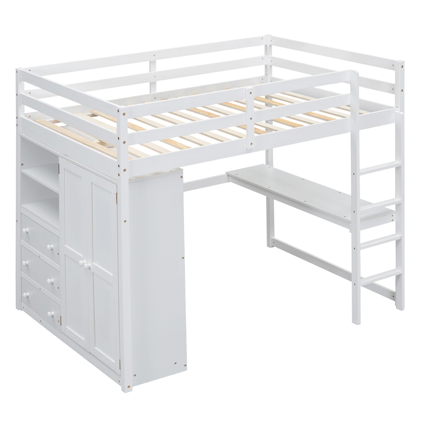 White Wood Full Size Loft Bed with Built-in Wardrobe, Desk, Shelves, and Drawers - Solid Pine Wood + MDF, 79.5''L x 57''W x 67.5''H