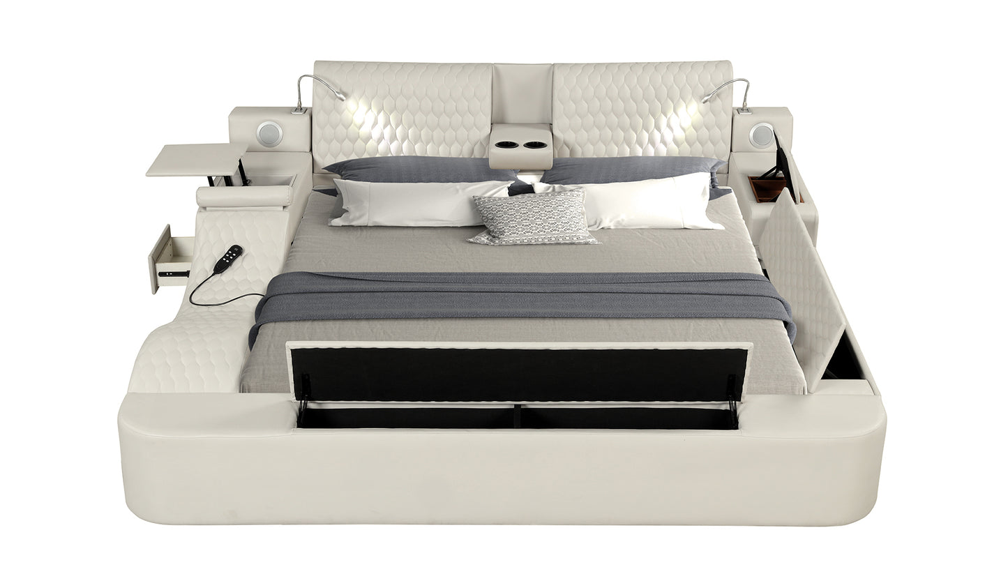 Smart Multifunctional Queen Size Bed Made with Wood in Beige
