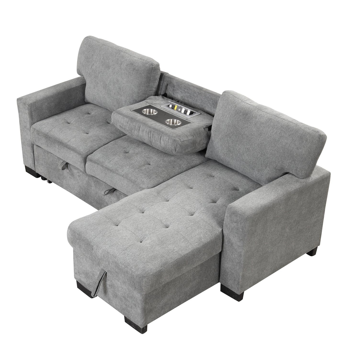 Stylish and Functional Light Chaise Lounge Sectional with Storage Rack Pull-out Bed Drop Down Table  and USB Charger Gray