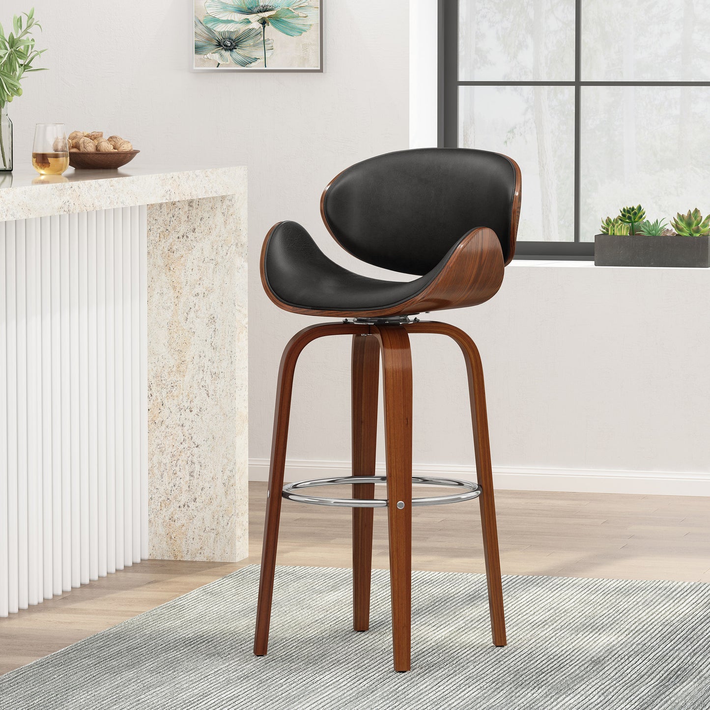 30" Mid-Century Modern Upholstered Swivel Barstool, Midnight Black, Walnut