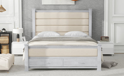 Queen Size Wood Frame Platform Bed with Upholstered Headboard, Footboard and 2 Drawers, Antique White