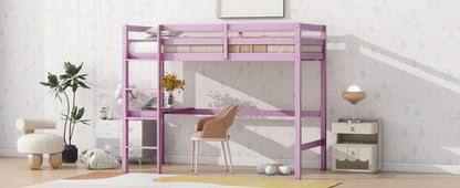 Twin High Loft Bed, Rubber Wood  Loft Bed with Safety Guardrail, built-in desk, ladder,Pink