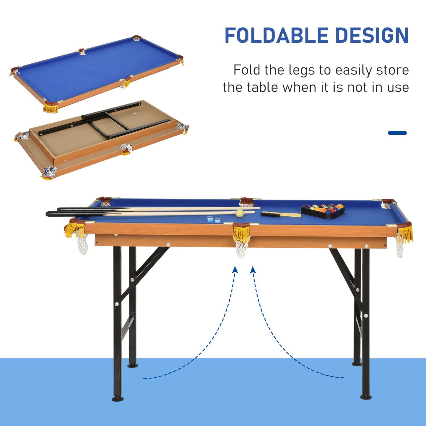 Soozier 55" Portable Folding Billiards Table Game Pool Table for Whole Family Number Use With Cues, Ball, Rack, Chalk, Blue