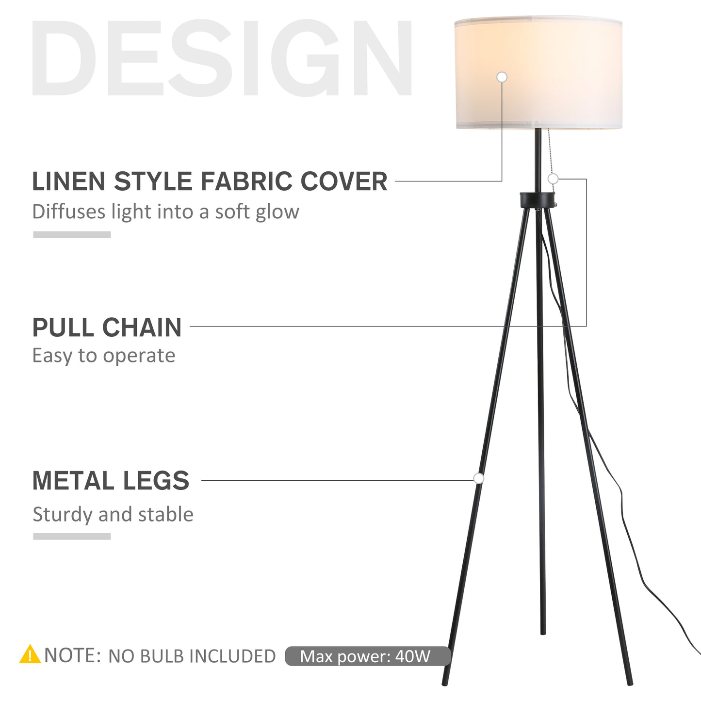 HOMCOM 59.75" Tripod Floor Lamp with Pull Chain Standing, Fabric Lampshade E26 Lamp Holder Steel for Living Room, Bedroom, Office, Black