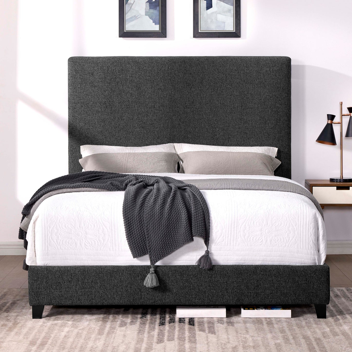 Queen Size Charcoal Grey Upholstered Platform Bed