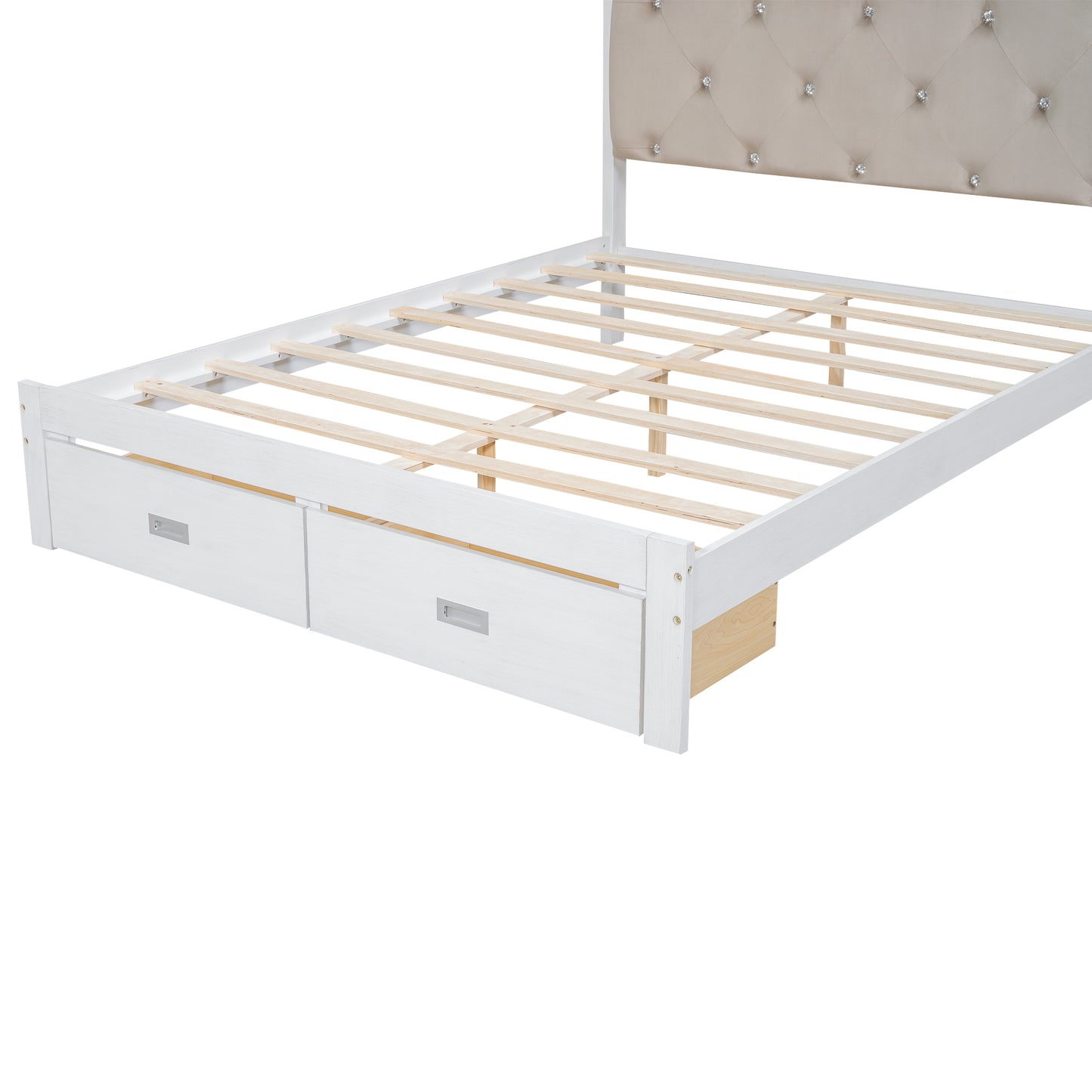 Wood Queen Size Platform Bed with Upholstered Headboard and LED and 2 Drawers, Antique White