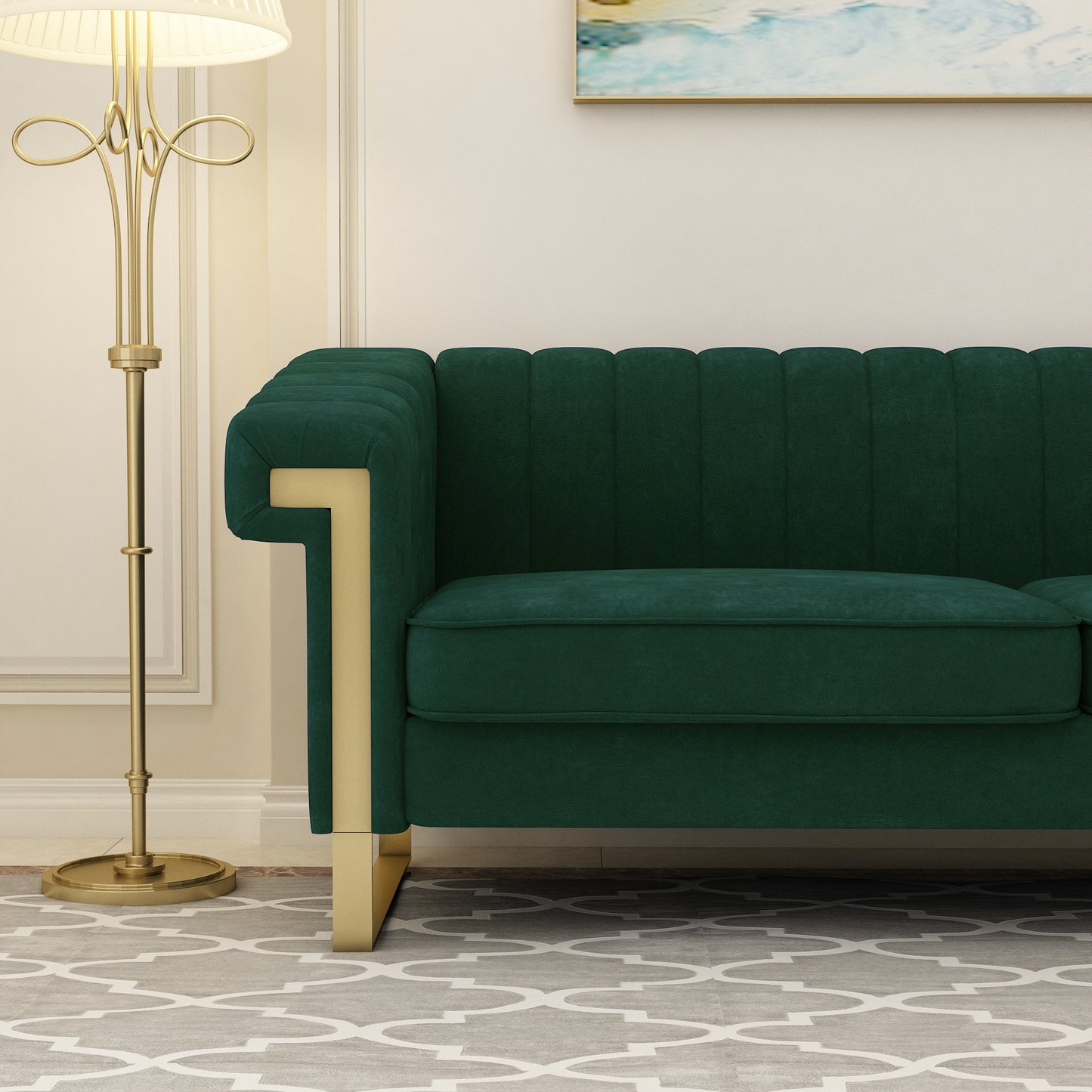 FX-P81-RG2  RETRO GREEN SOFA Modern Cream Velvet Sofa with Gold Accents - Sleek Channel-Tufted Upholstery, 3-Seat Couch for Living Room and Office Decor