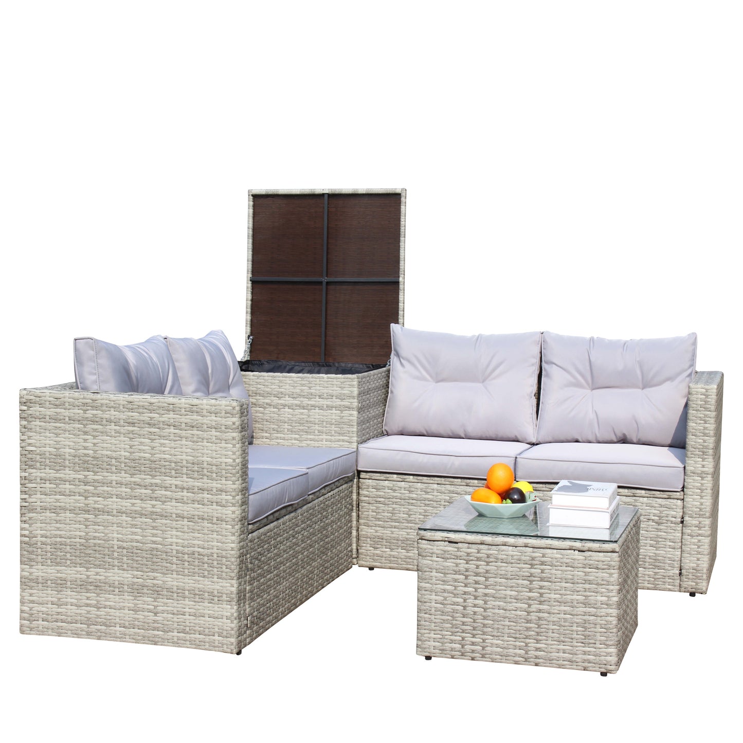 4 Piece Patio Sectional Wicker Rattan Outdoor Furniture Sofa Set with Storage Box Grey