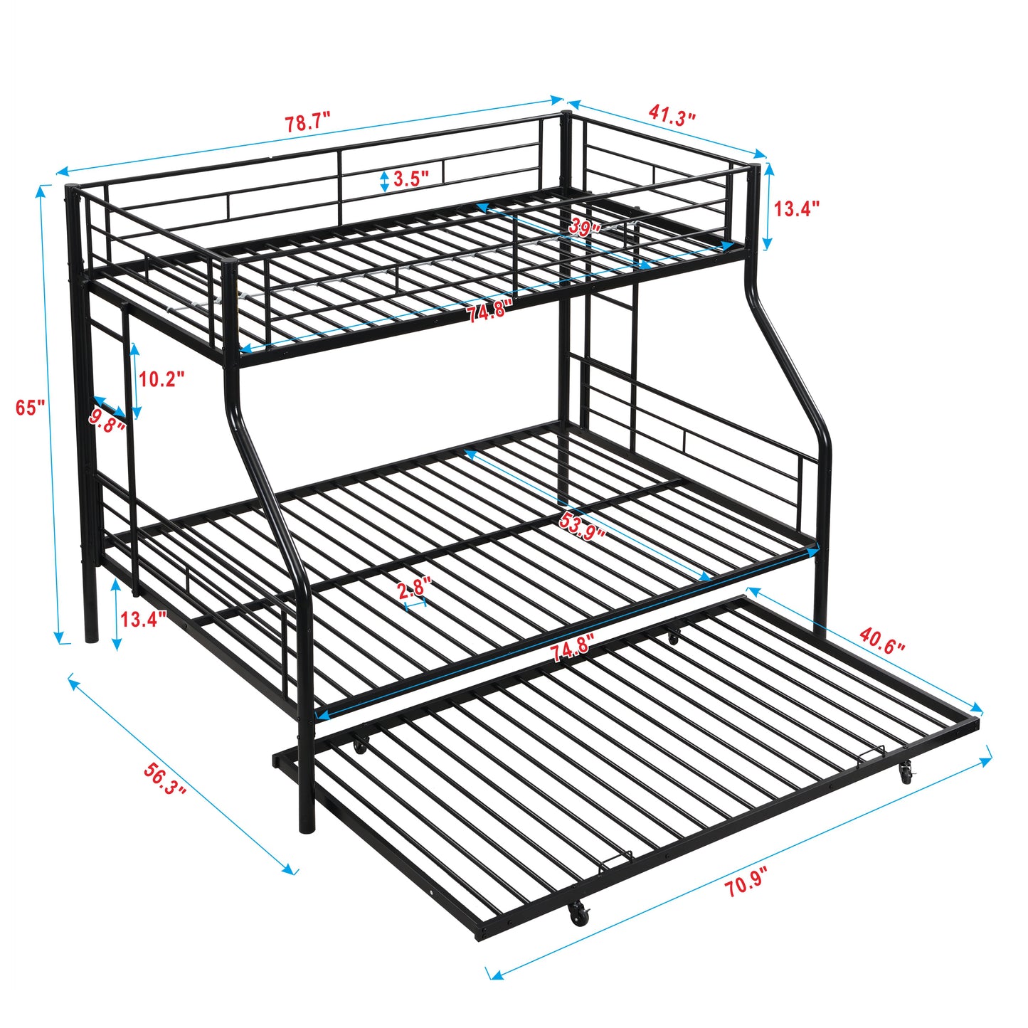 Twin Over Full with trundle Metal Bunk Bed , No Box Spring Needed, Easy Assemble