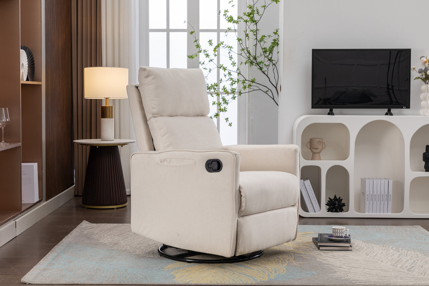 038-Cotton Linen Fabric Swivel Rocking Chair Glider Rocker Recliner Nursery Chair With Adjustable Back And Footrest For Living Room Indoor,Beige