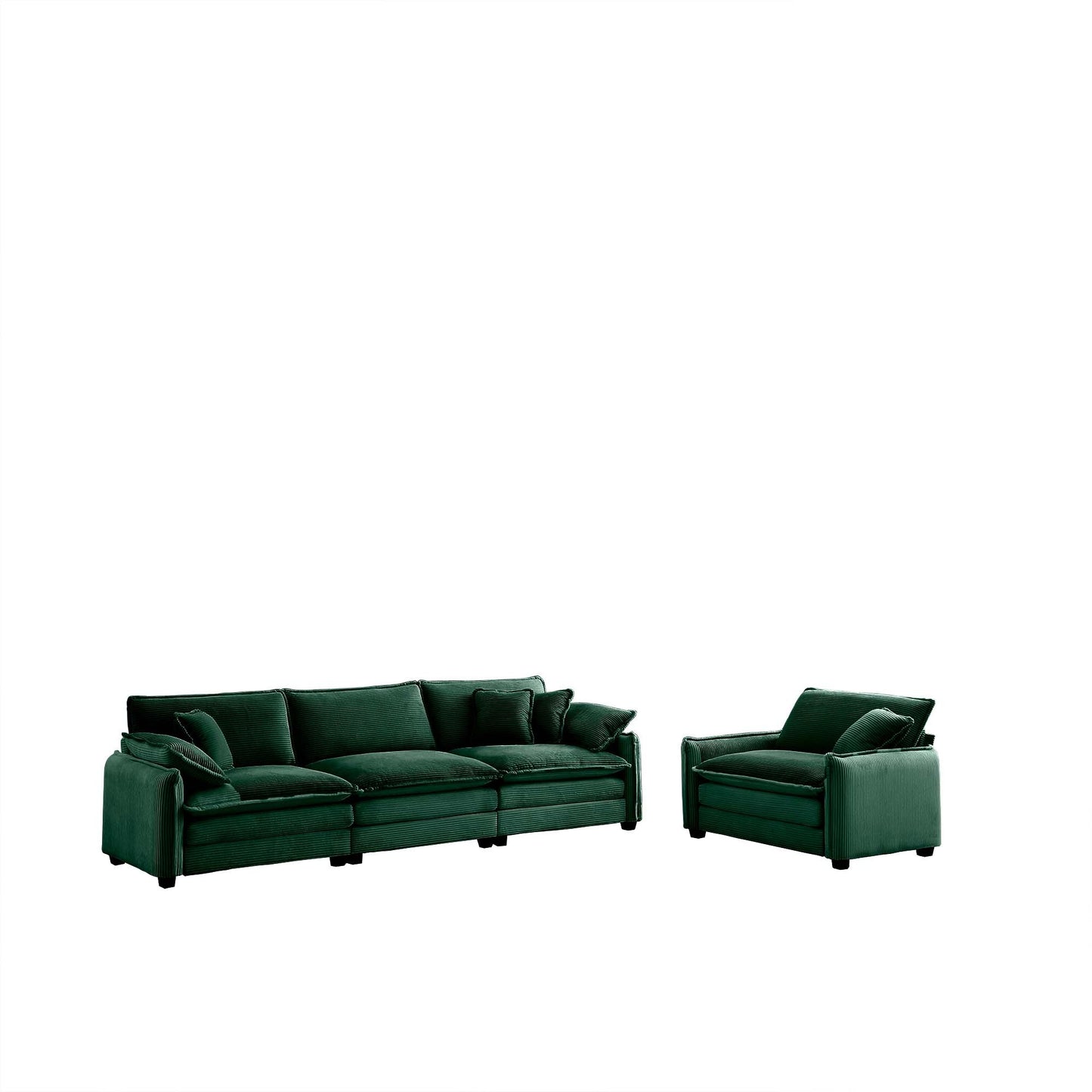 Mid-Century Modern Sofa Set of Two, One 3-Seater Sofa and One Single Seat Sofa with 2 Arm Pillows and 4 Throw Pillows,2 Pieces Sofa Set for Living Room,Green Corduroy Fabric