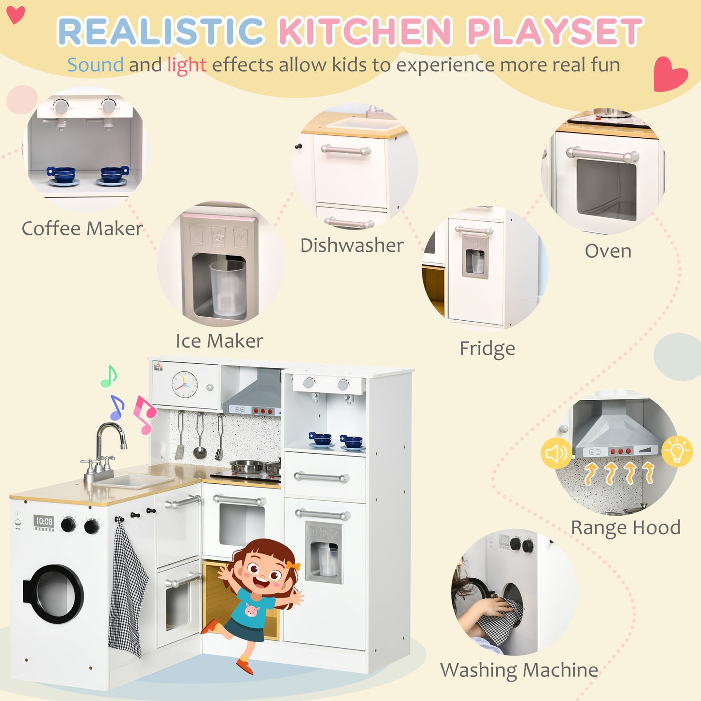 Qaba Kids Wooden Kitchen Playset with Sound Effects and Tons of Countertop Space, Wooden Corner Play Kitchen Set with Washing Machine, Imaginative Toy Pretend Restaurant, Ages 3-6, White